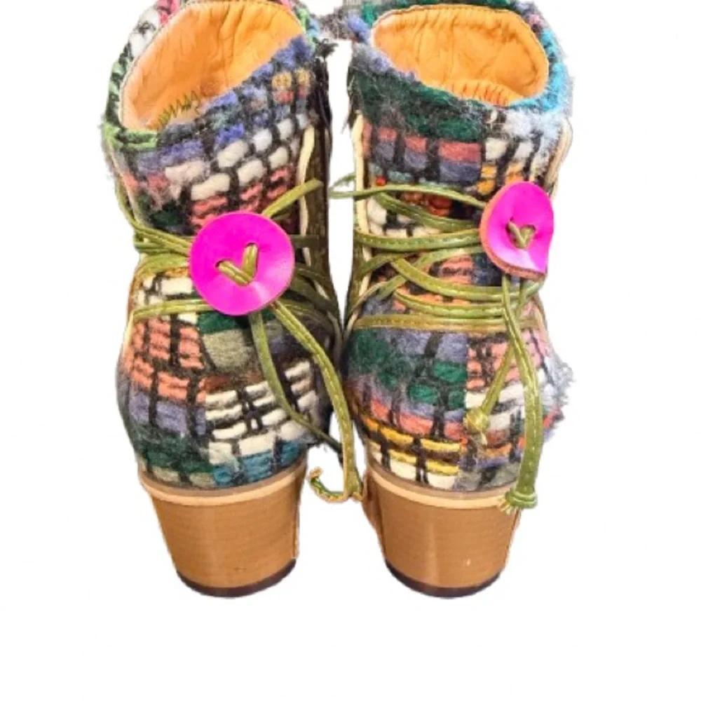 Whimsical Patchwork Boots Leather Wool Colorful Cottagecore Art Boots 8-8.5
